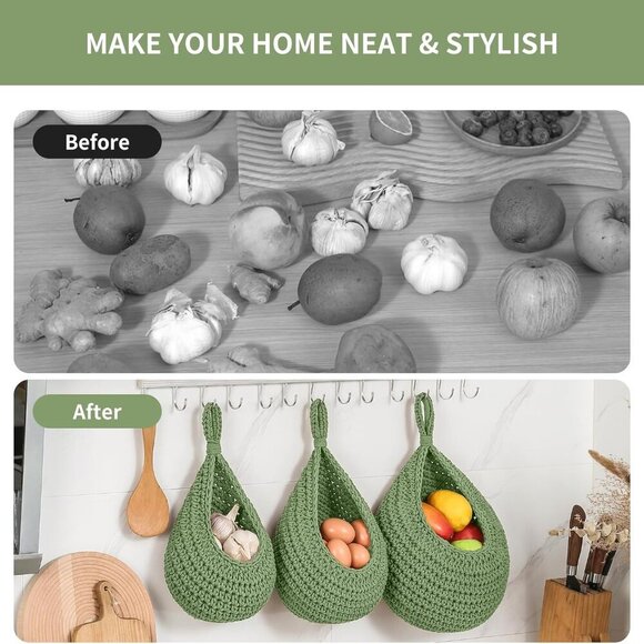 Boho Wall Hanging Fruit Baskets for Kitchen 3 Pack Woven Produce Holder with 6 P - Picture 5 of 7